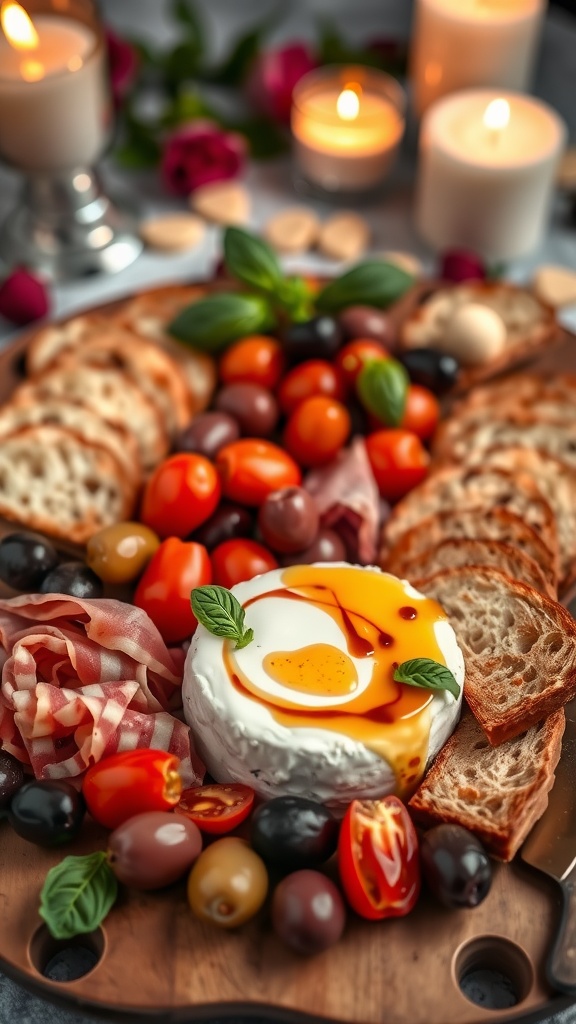 A romantic appetizer platter for two with goat cheese, prosciutto, baguette, olives, and cherry tomatoes.